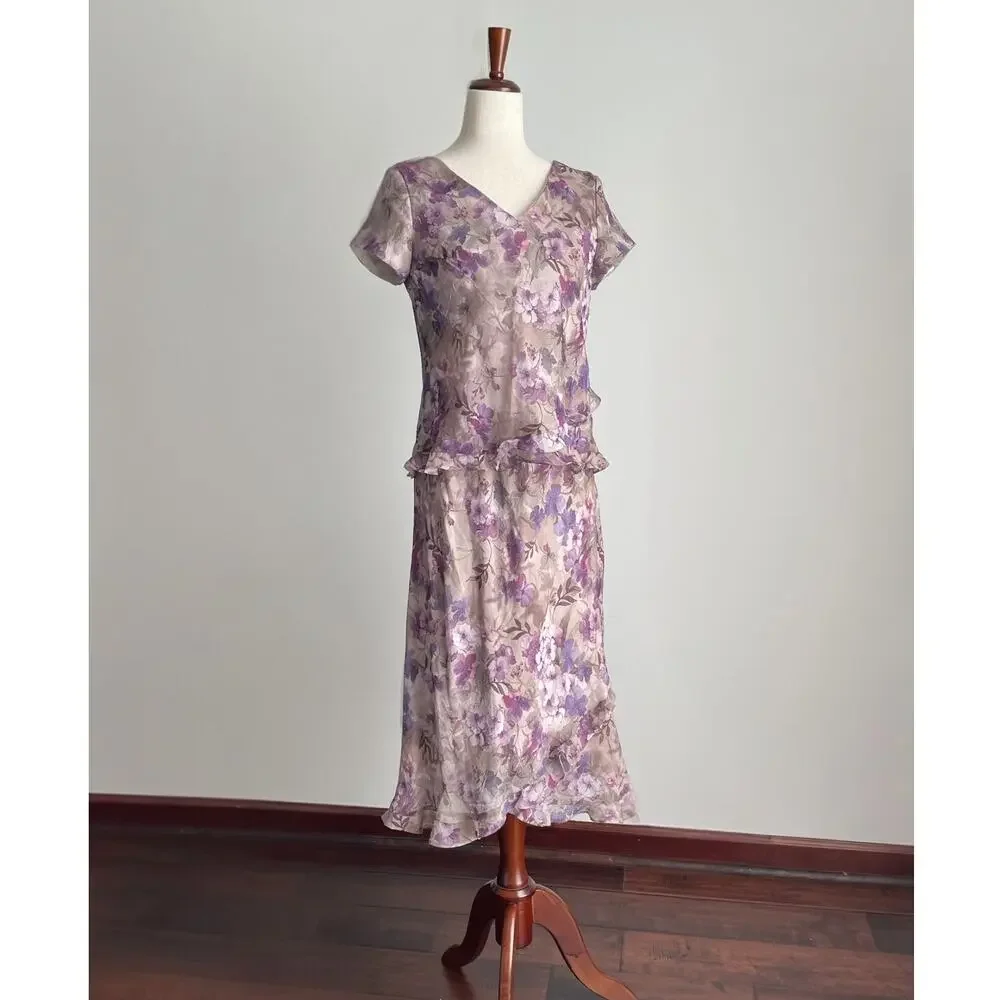 90s VTG Fairy Grunge 2-pc Floral Maxi Skirt Set 8P Purple Whimsigoth Ruffle Trim